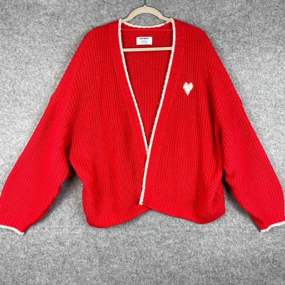Old Navy Cardigan Sweater Womens XXL Red Open Front Chunky Knit Heart Oversized